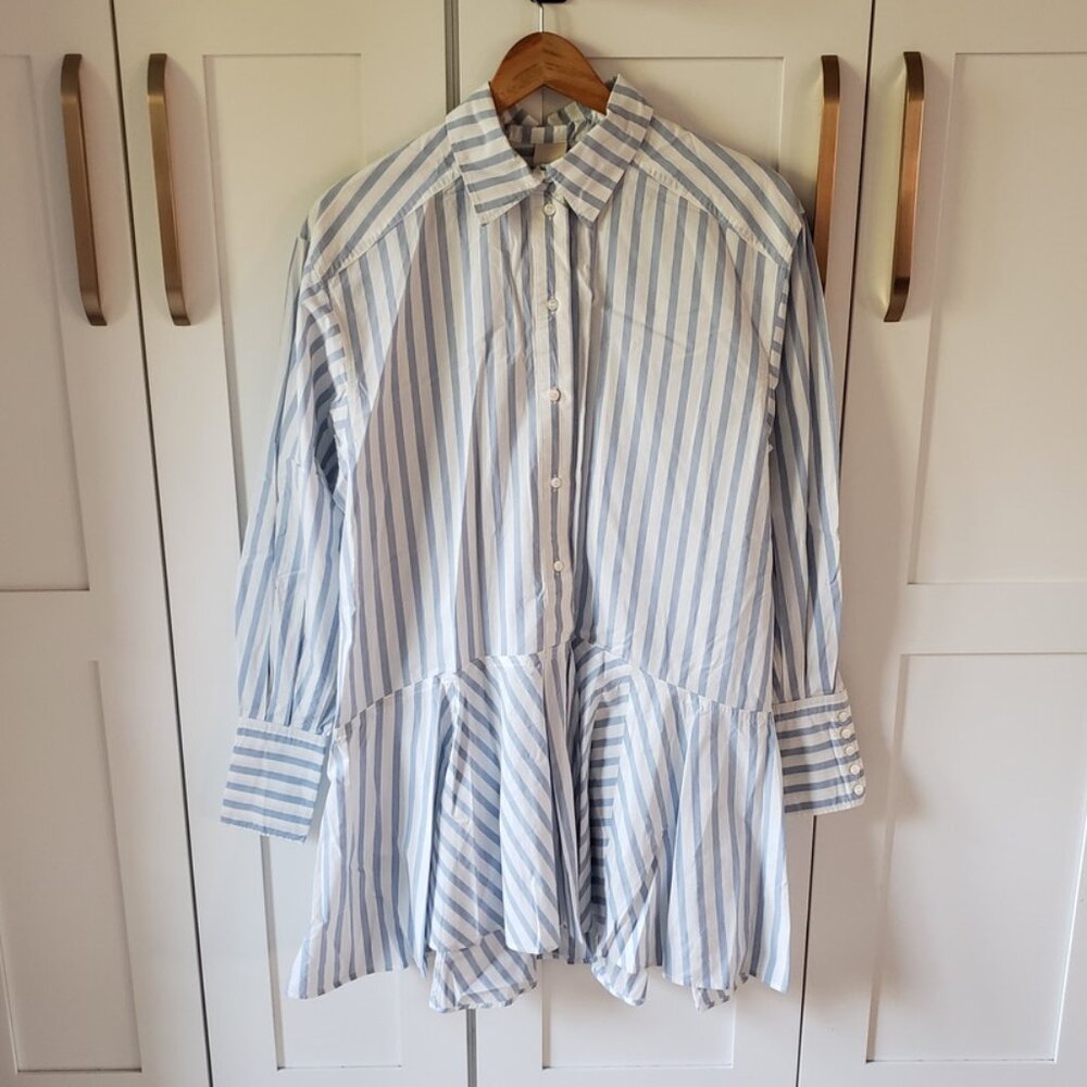 H&M Tunic Dress Womens S White Blue Stripes Button Front Peplum Cotton Top